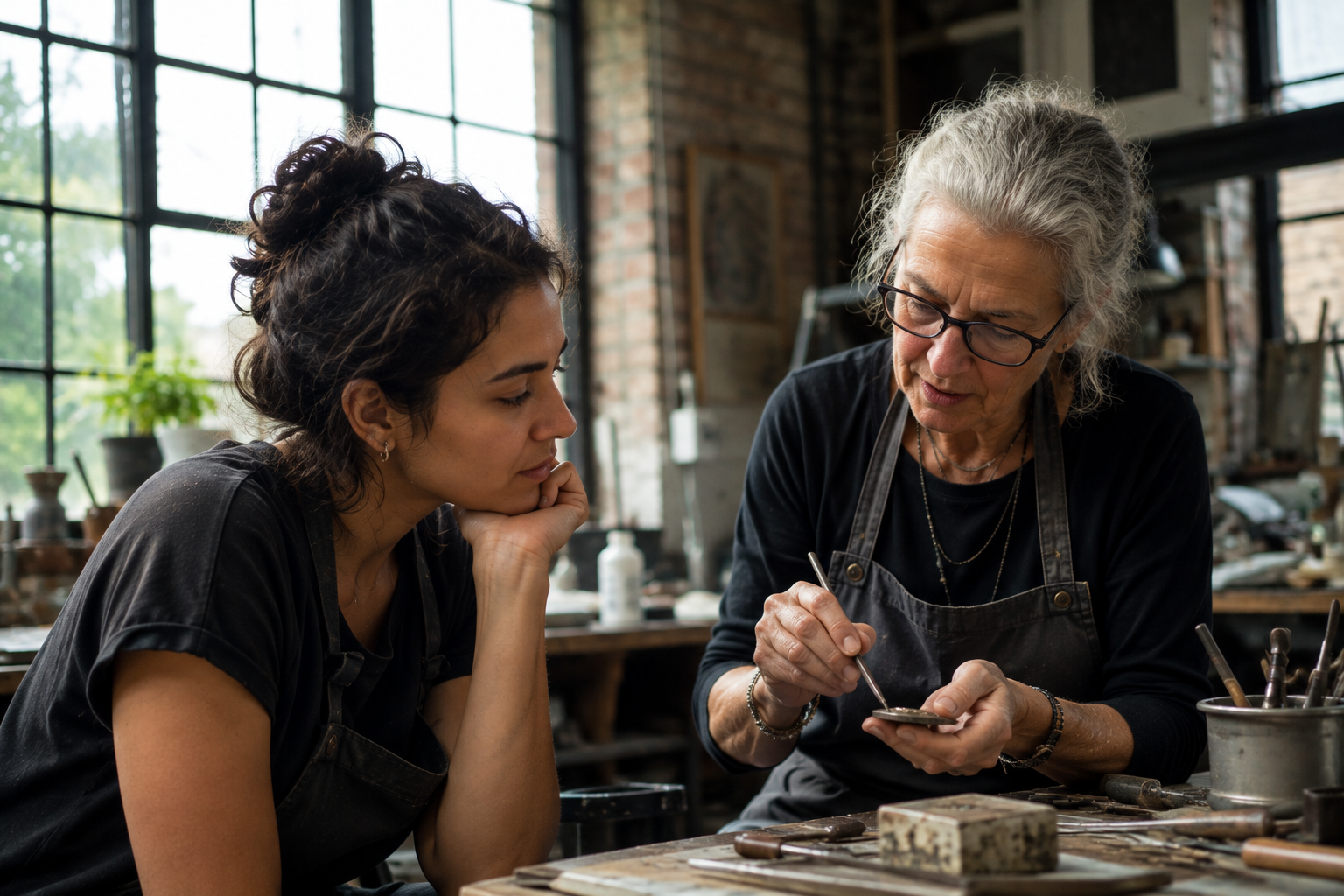 An older artisan showing a younger learner how to work with tools in a real studio
