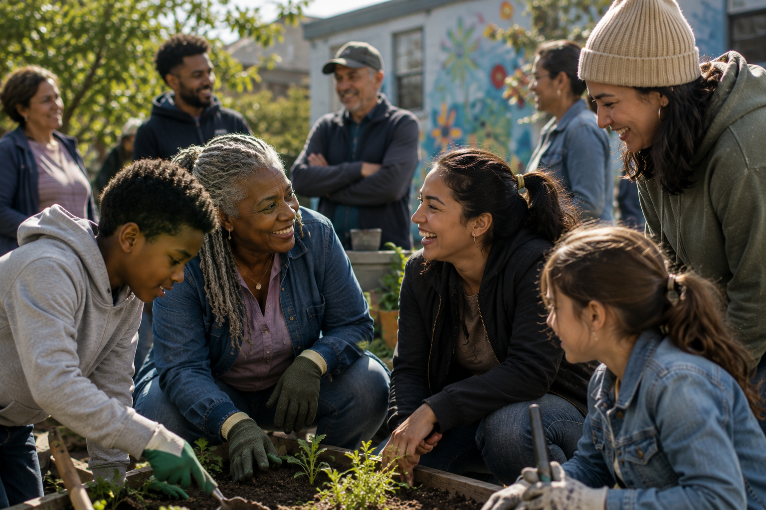 A diverse neighborhood group planting together in a community garden