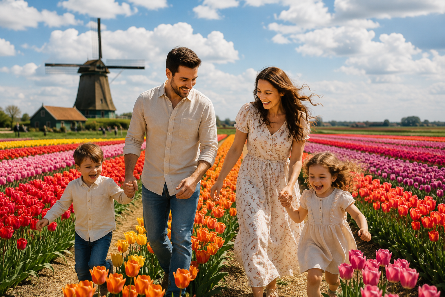 Young parents walking with their two young children through a vibrant tulip field